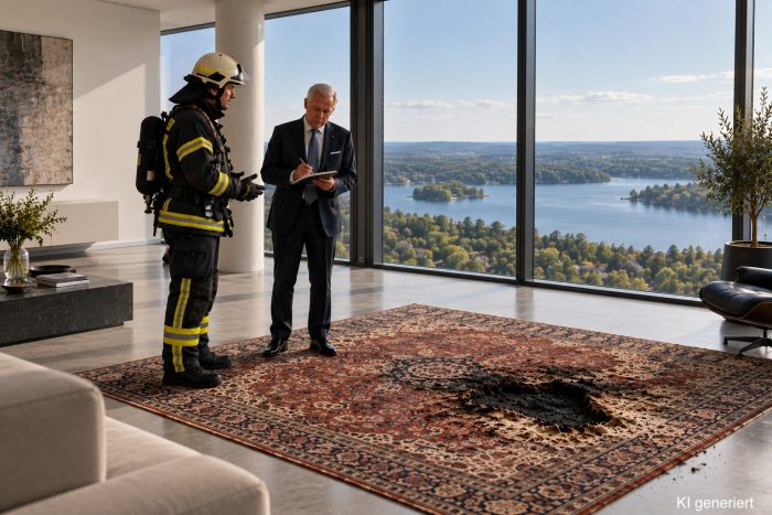 Ein Sachverständiger begutachtet mit einem Feuerwehrmann einen brandbeschädigten Orientteppich